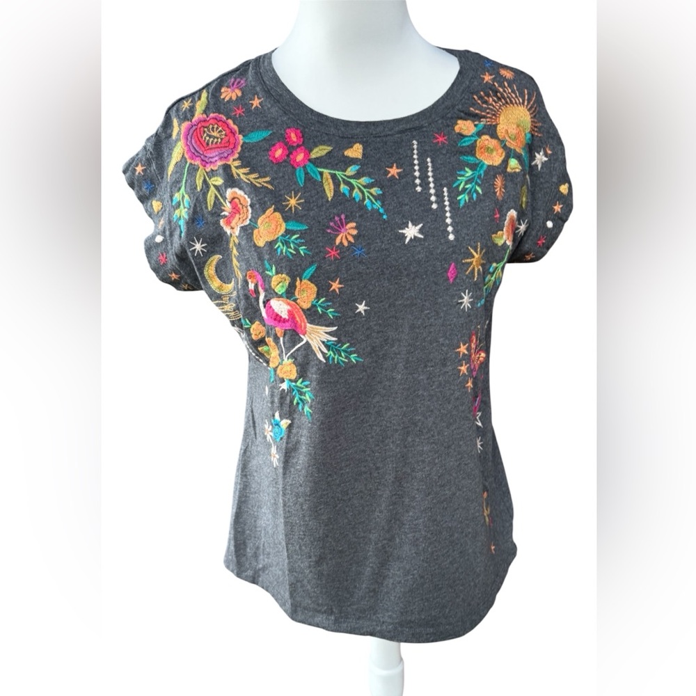Johnny Was Thalia relaxed cap sleeve embroidered t shirt.